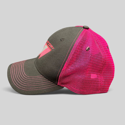 Raree Finds vintage 90s Purgatory Racing snapback hat with black cotton front, neon pink mesh back, and pink stitching.