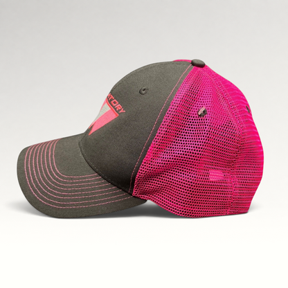 Raree Finds vintage 90s Purgatory Racing snapback hat with black cotton front, neon pink mesh back, and pink stitching.