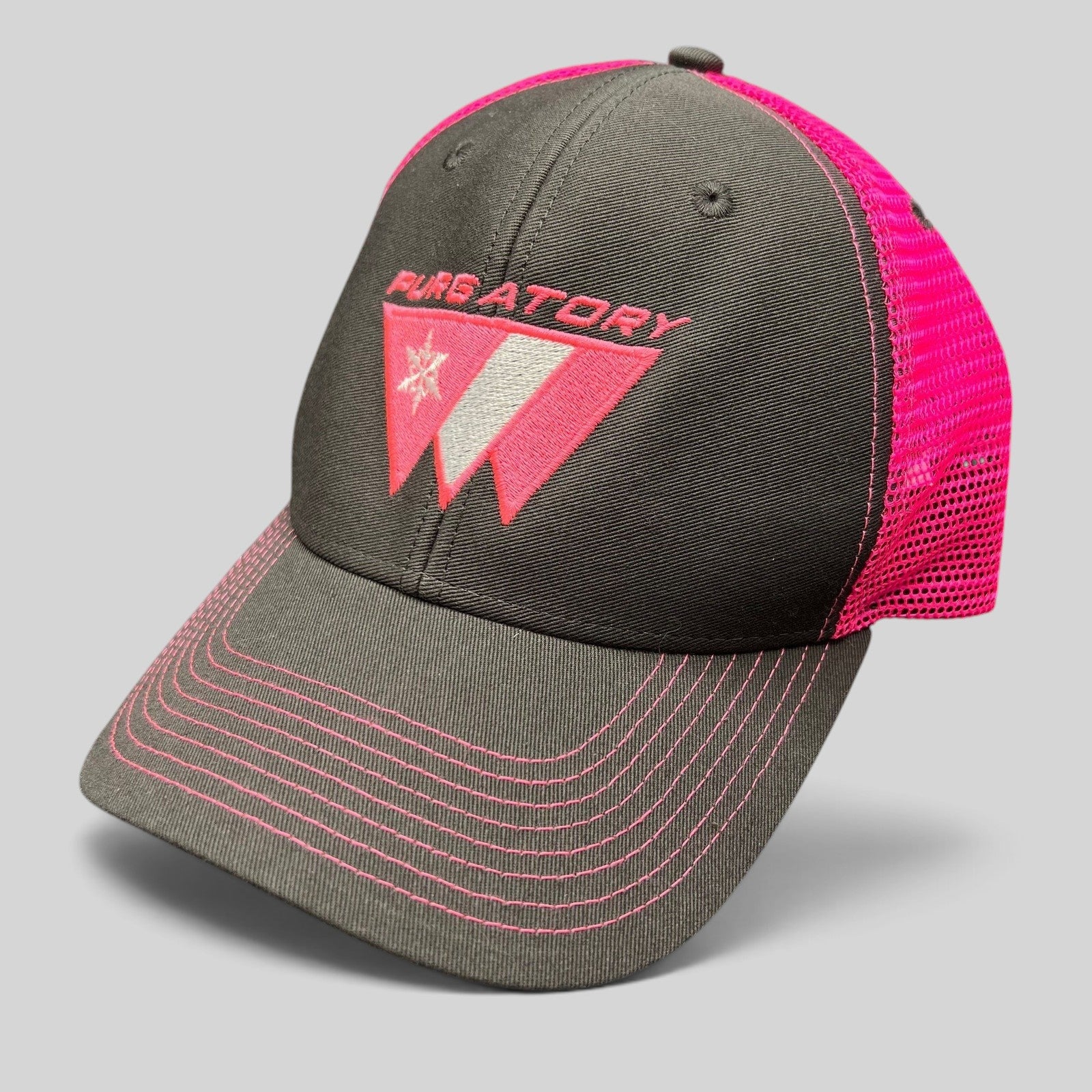 Raree Finds vintage 90s Purgatory Racing snapback hat in black cotton with neon pink mesh back and embroidered logo.