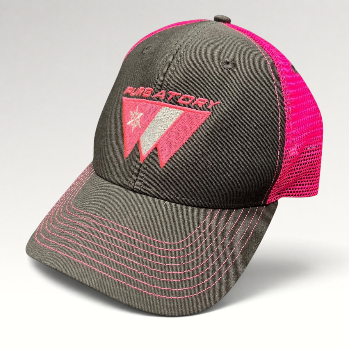 Raree Finds vintage 90s Purgatory Racing snapback hat in black cotton with neon pink mesh back and embroidered logo.