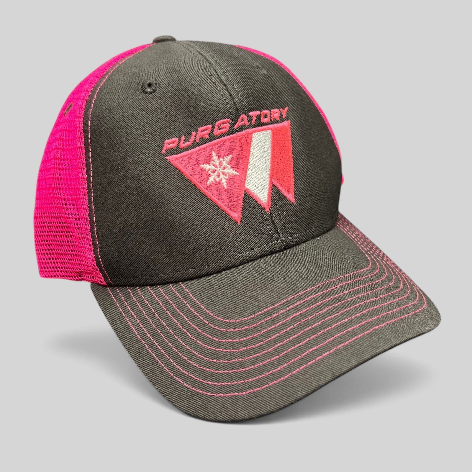 Raree Finds vintage 90s Purgatory Racing snapback hat in black cotton with neon pink mesh back and embroidered logo.