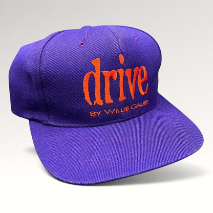 Raree Finds vintage 90s purple Nissin snapback hat with orange Drive by Willie Gault embroidery