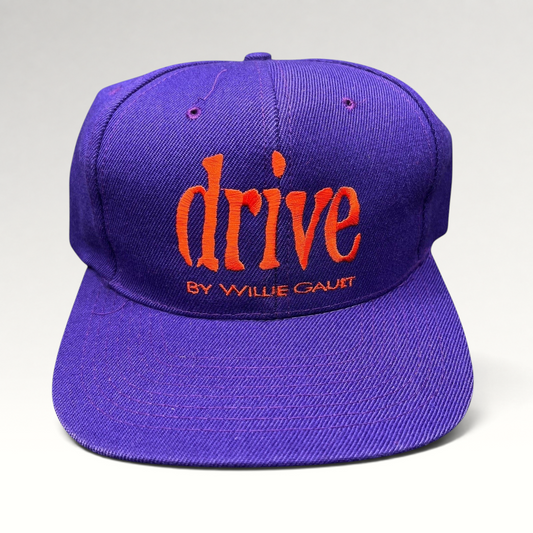 Raree Finds vintage 90s purple Nissin snapback hat with orange Drive by Willie Gault embroidery