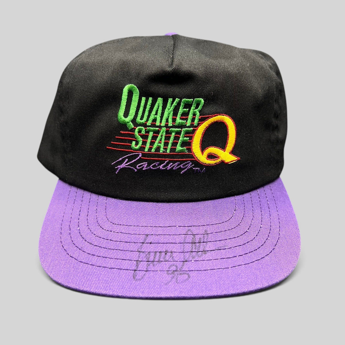 Raree Finds vintage 90s Quaker State Racing snapback hat with black crown, purple brim, and signed embroidery