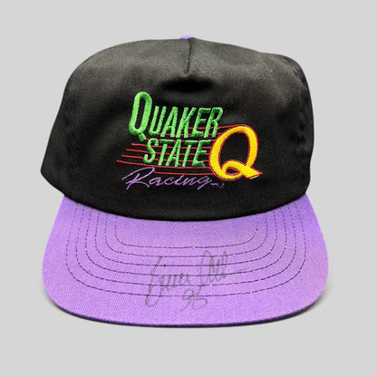 Raree Finds vintage 90s Quaker State Racing snapback hat with black crown, purple brim, and signed embroidery