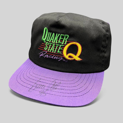 Raree Finds vintage 90s Quaker State Racing snapback hat with black crown, purple brim, and signature on the visor.