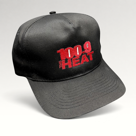 Raree Finds vintage 90s 100.9 The Heat radio station snapback hat with red embroidery on a black structured crown.
