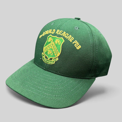 Raree Finds vintage green snapback hat featuring The Ronald Reagan Pub embroidered gold heraldic crest logo