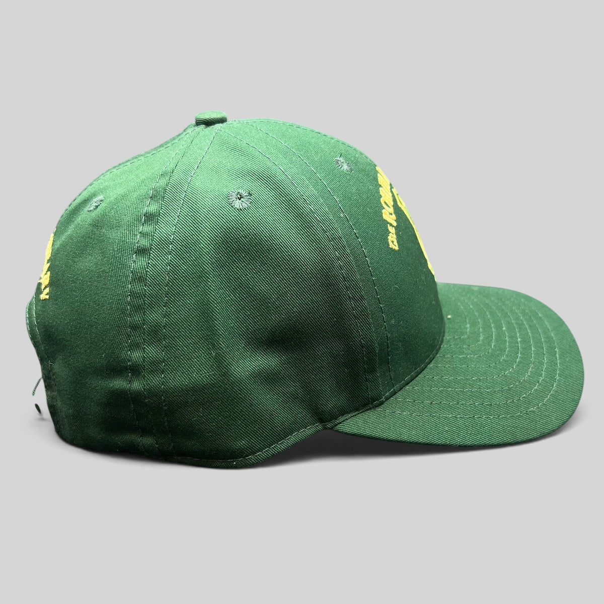 Raree Finds vintage green snapback hat with gold embroidered Ronald Reagan Pub crest from Ballyporeen, Ireland.