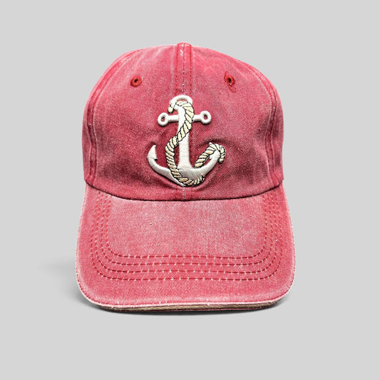 Raree Finds vintage washed red cotton baseball cap with embroidered silver anchor and rope design
