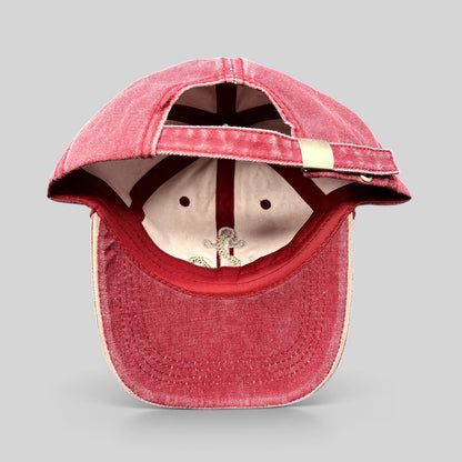 Raree Finds vintage washed red cotton strapback hat with adjustable metal buckle and interior anchor embroidery