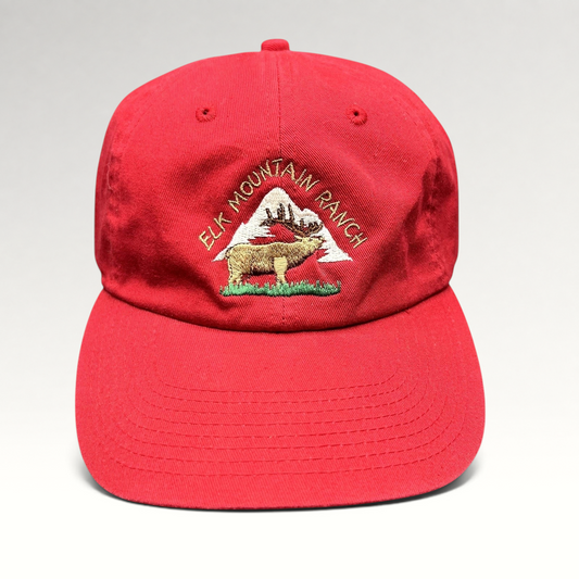 Raree Finds vintage red cotton dad cap with embroidered Elk Mountain Ranch bull elk and mountain graphic