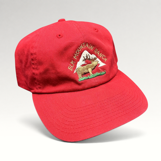 Raree Finds vintage red cotton dad cap with embroidered elk and mountain design and brass buckle strapback