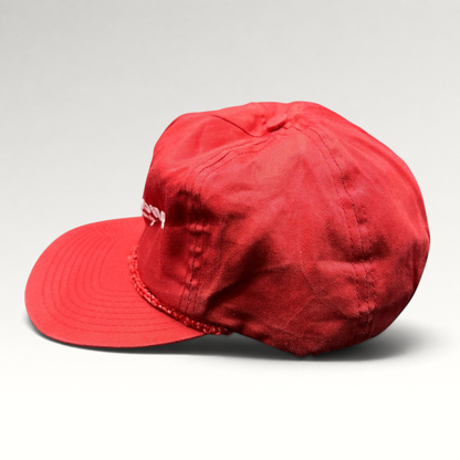 Raree Finds vintage red Firestone Racing snapback hat with white embroidered logo and braided rope brim detail