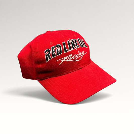 Raree Finds vintage red Red Line Oil Racing snapback hat with black and white embroidery on a structured crown