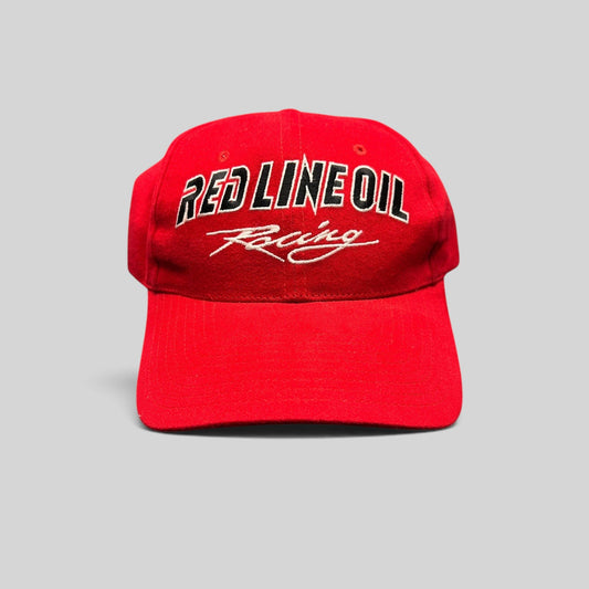 Raree Finds vintage red Red Line Oil Racing snapback hat with black and white embroidered logo and curved brim