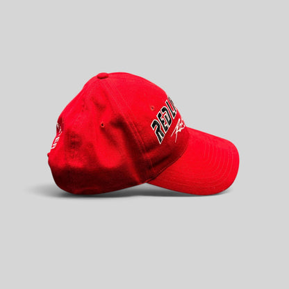 Raree Finds vintage red Kudzu snapback hat with Red Line Oil Racing embroidery and curved brim on black background