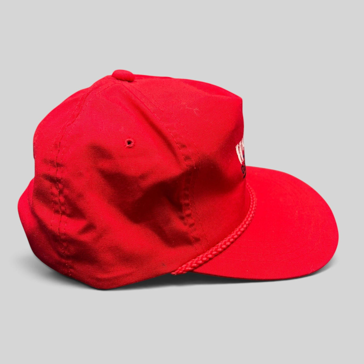 Raree Finds vintage red rope snapback hat with embroidered logo and structured cotton crown