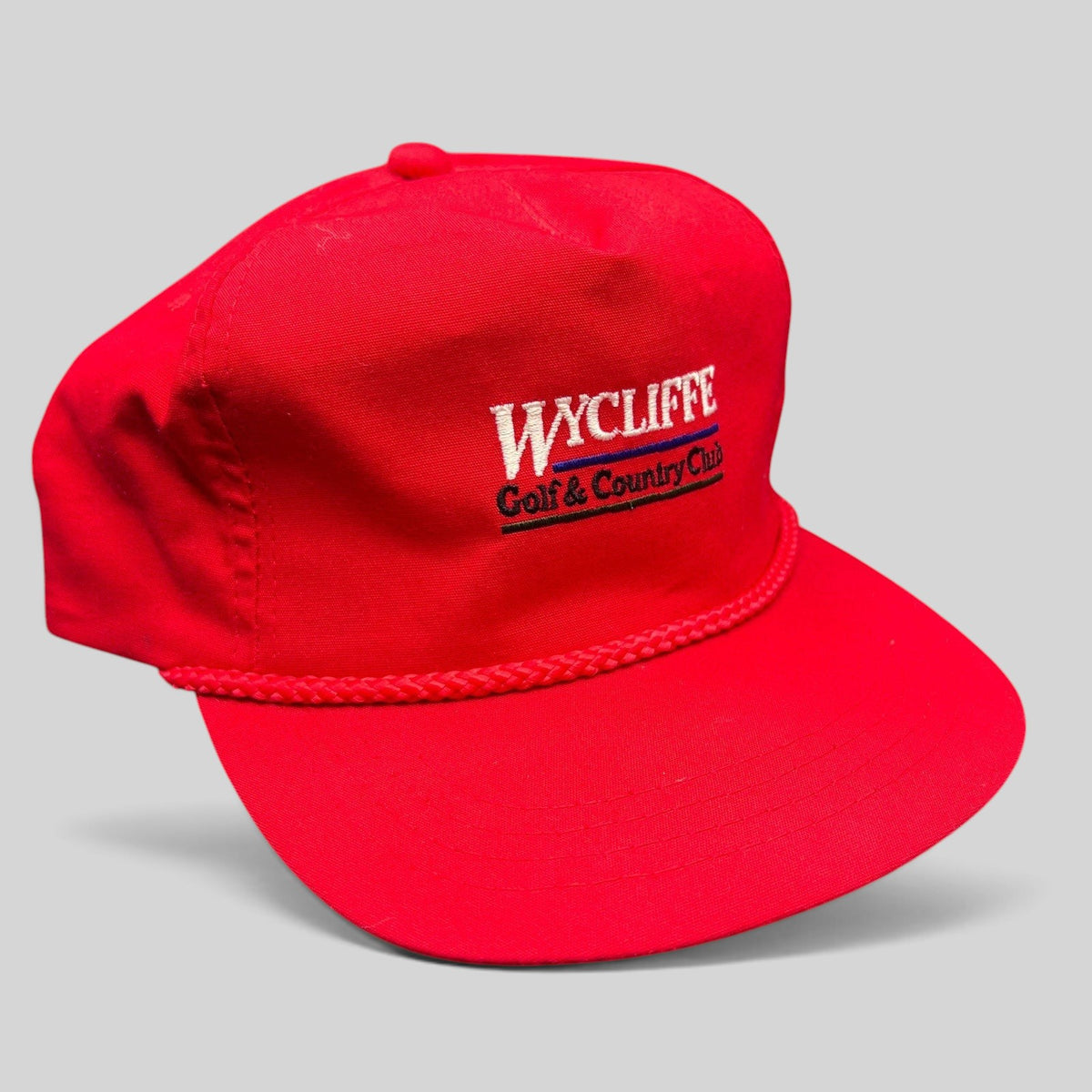 Raree Finds vintage red snapback hat with rope detail and Wycliffe Golf & Country Club embroidery