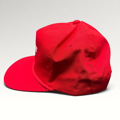 Raree Finds vintage red snapback hat with rope detail and embroidered logo, side view of cotton blend cap