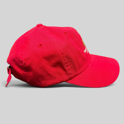 Raree Finds vintage red cotton strapback dad cap with Trashmasters Aspen embroidered mascot graphic and brass buckle.