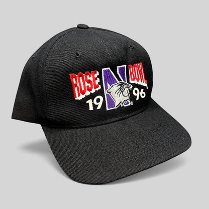 Raree Finds vintage 1996 Rose Bowl Northwestern Wildcats black wool blend snapback hat with embroidered graphics