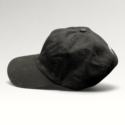 Raree Finds vintage 1990s black cotton strapback hat with white Sandeman Port Wine logo embroidery