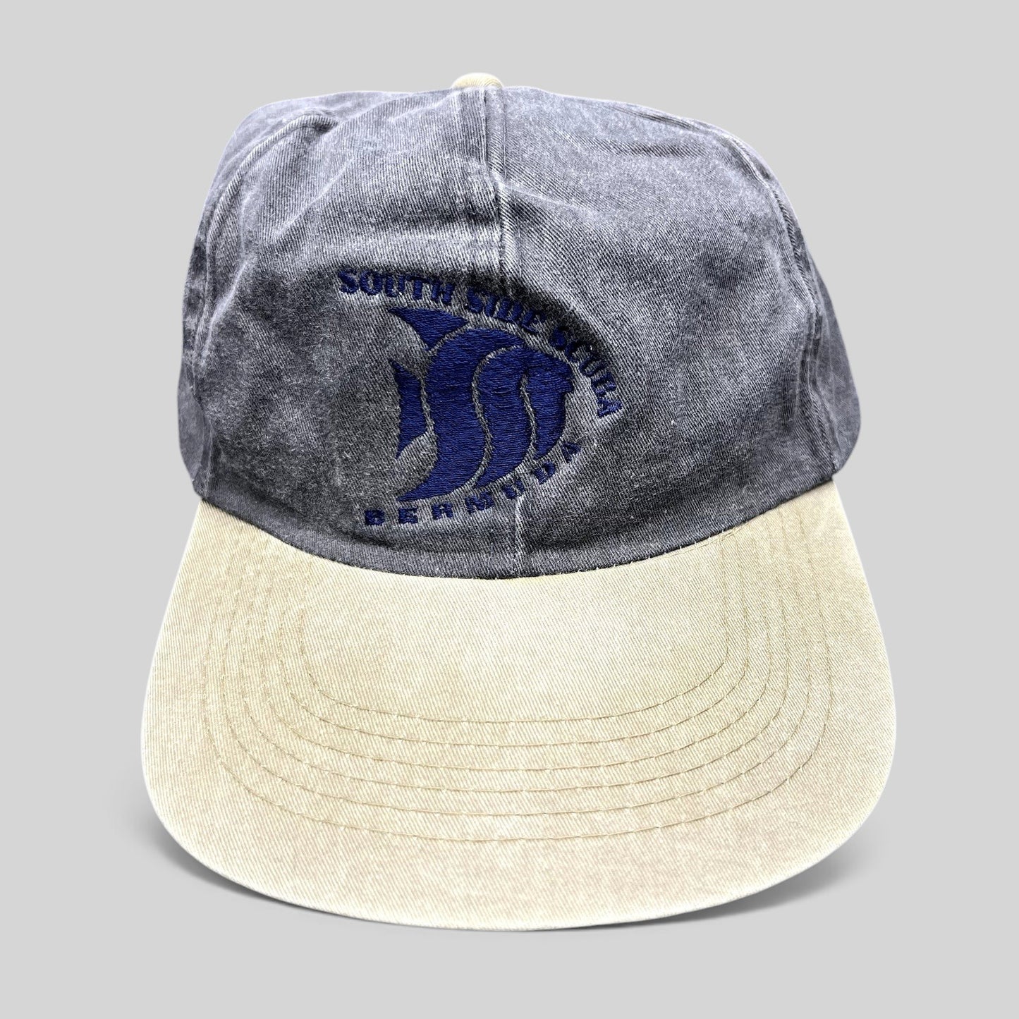 Raree Finds vintage Cobra Caps dad hat in washed charcoal and khaki with South Side Scuba Bermuda fish embroidery.