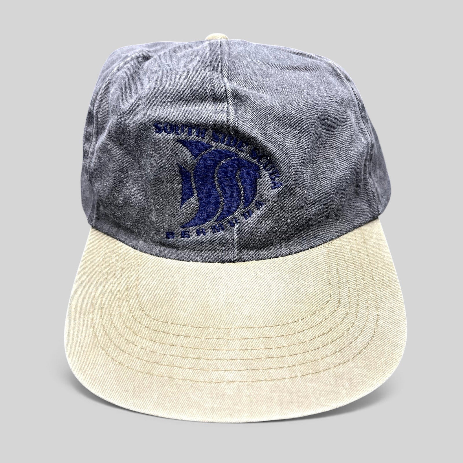Raree Finds vintage Cobra Caps dad hat in washed charcoal and khaki with South Side Scuba Bermuda fish embroidery.