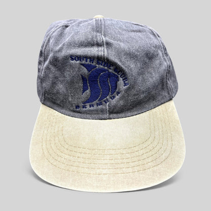 Raree Finds vintage Cobra Caps dad hat in washed charcoal and khaki with South Side Scuba Bermuda fish embroidery.