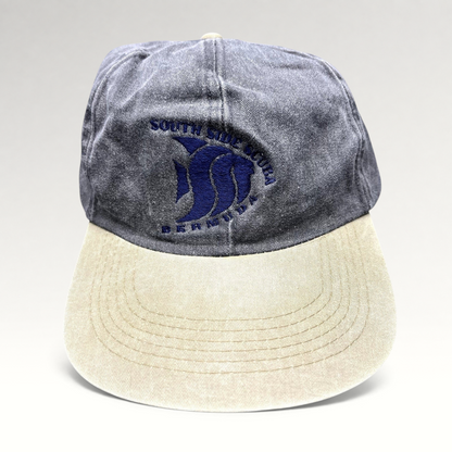 Raree Finds vintage Cobra Caps dad hat in washed charcoal and khaki with South Side Scuba Bermuda fish embroidery.