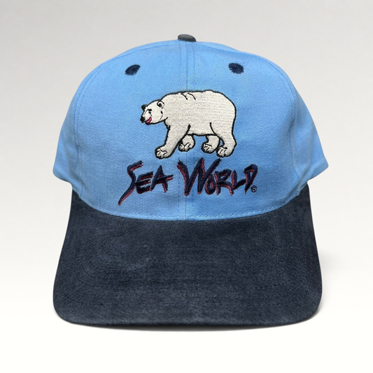 Raree Finds vintage 1990s SeaWorld snapback hat with embroidered polar bear graphic on a light blue and navy crown.