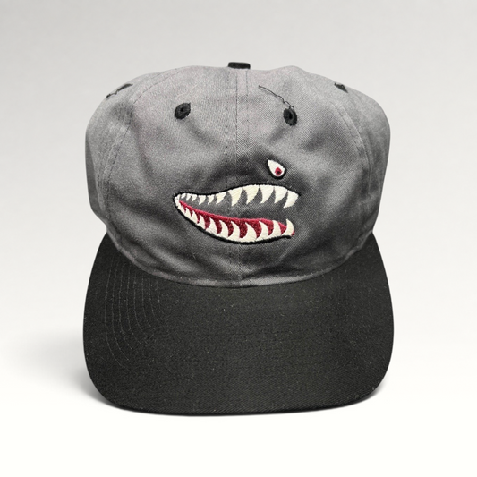 Raree Finds vintage Otto Cap snapback featuring embroidered P-40 Warhawk shark mouth art on a gray and black cotton hat.
