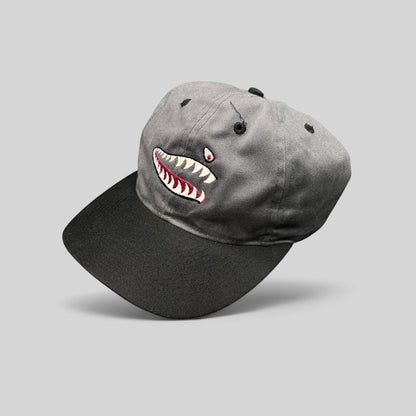 Raree Finds vintage Otto Cap snapback featuring embroidered shark mouth nose art on a gray crown and black brim