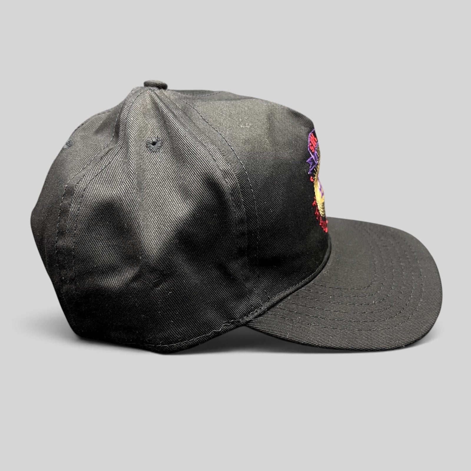 Raree Finds vintage 90s Six Flags Thrill Seeker black snapback hat with colorful embroidered amusement park graphic