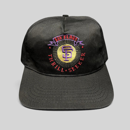 Raree Finds vintage 90s Six Flags Thrill Seeker black snapback hat with colorful embroidered amusement park logo