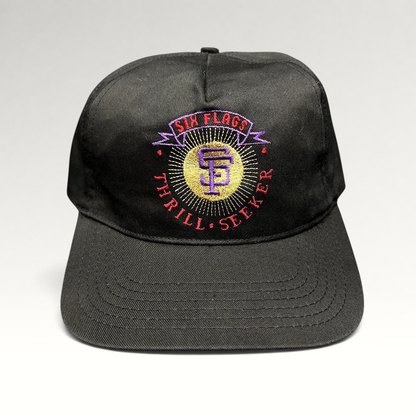 Raree Finds vintage 90s Six Flags Thrill Seeker black snapback hat with colorful embroidered amusement park logo