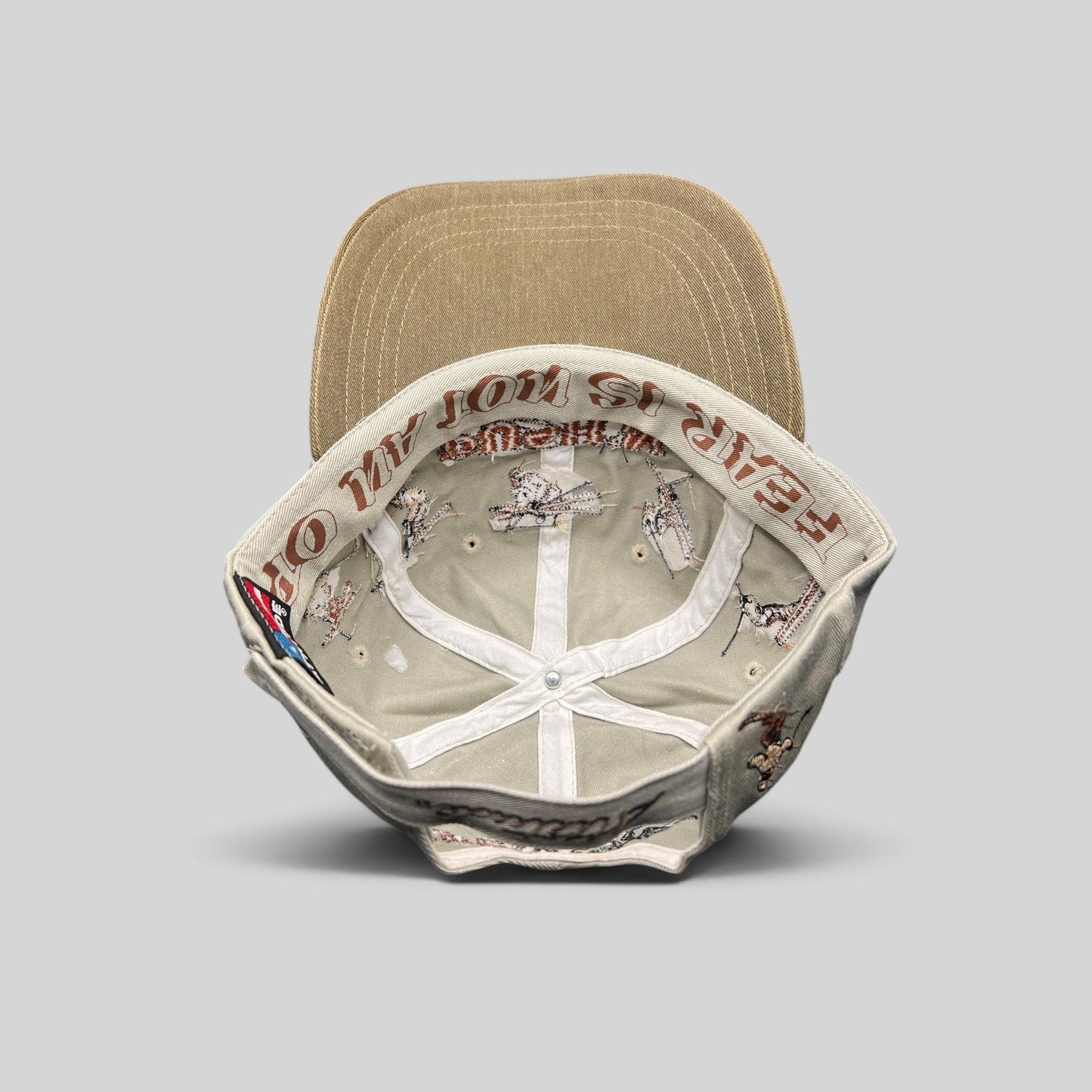 Raree Finds vintage 90s Attitude strapback hat with interior wrap-around skier embroidery and stone and olive cotton