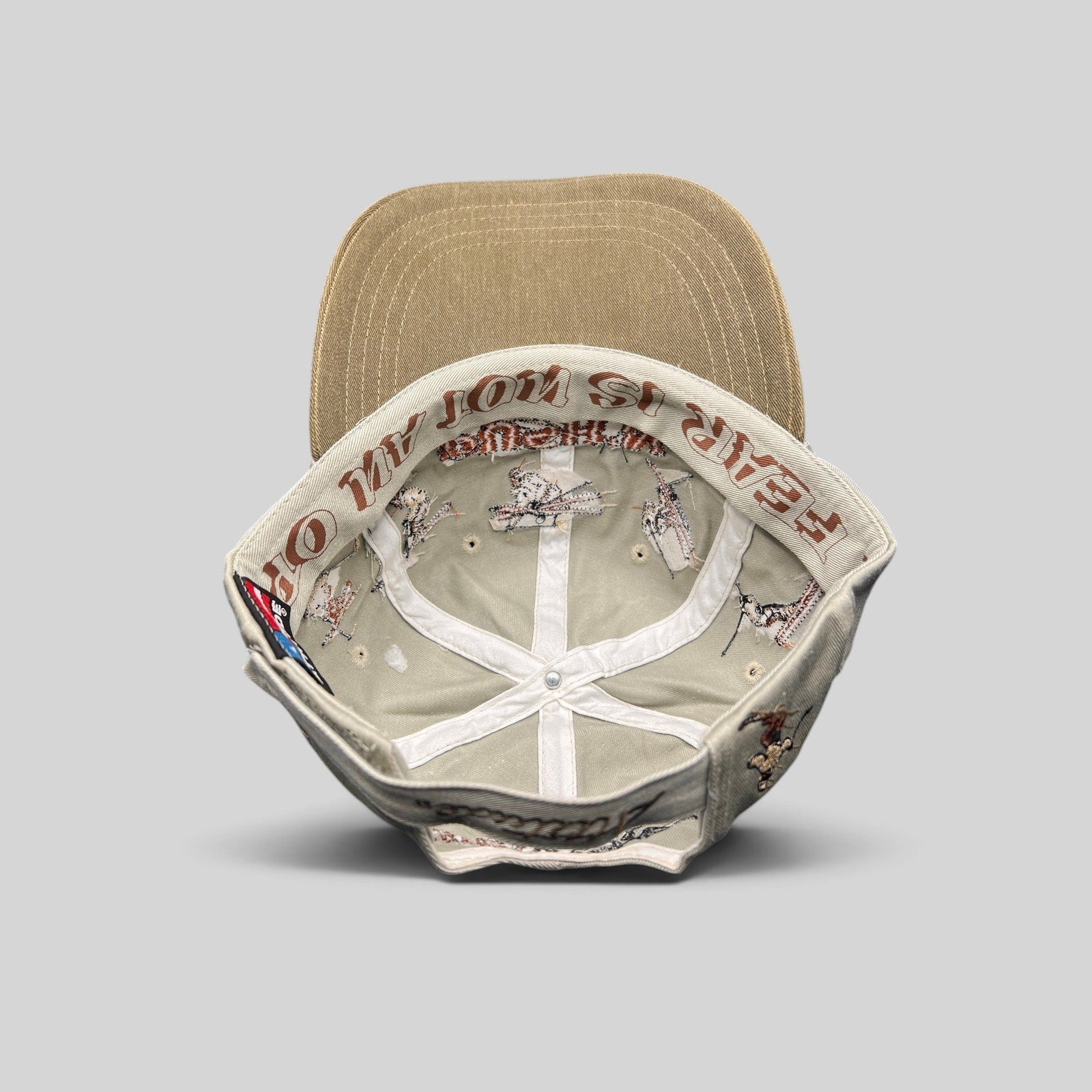 Raree Finds vintage 90s Attitude strapback hat with interior wrap-around skier embroidery and stone and olive cotton