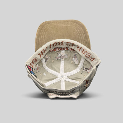 Raree Finds vintage 90s Attitude strapback hat with interior wrap-around skier embroidery and stone and olive cotton