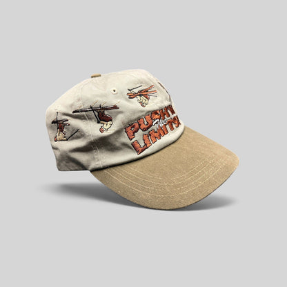 Raree Finds vintage 90s Attitude strapback hat in stone and olive with embroidered skiers and Pushin the Limits text
