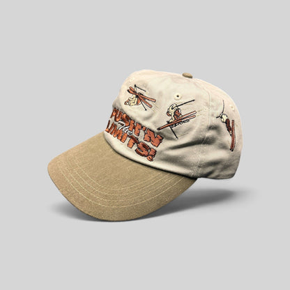 Raree Finds vintage 90s Attitude strapback hat in stone and olive with embroidered skiers and Pushin the Limits text