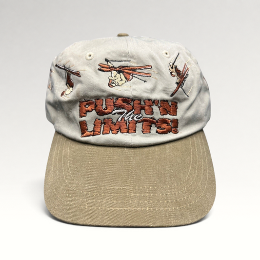 Raree Finds vintage 90s Attitude brand strapback hat with stone crown, olive brim, and embroidered skier graphics.