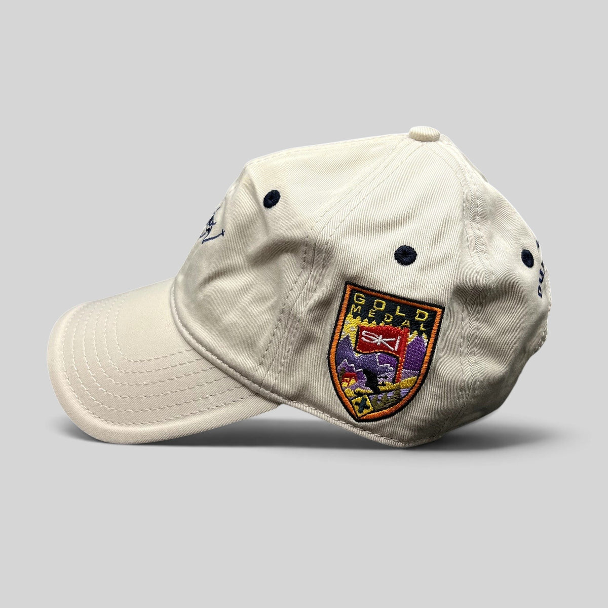 Raree Finds vintage cotton strapback hat featuring a colorful Gold Medal ski patch on the side