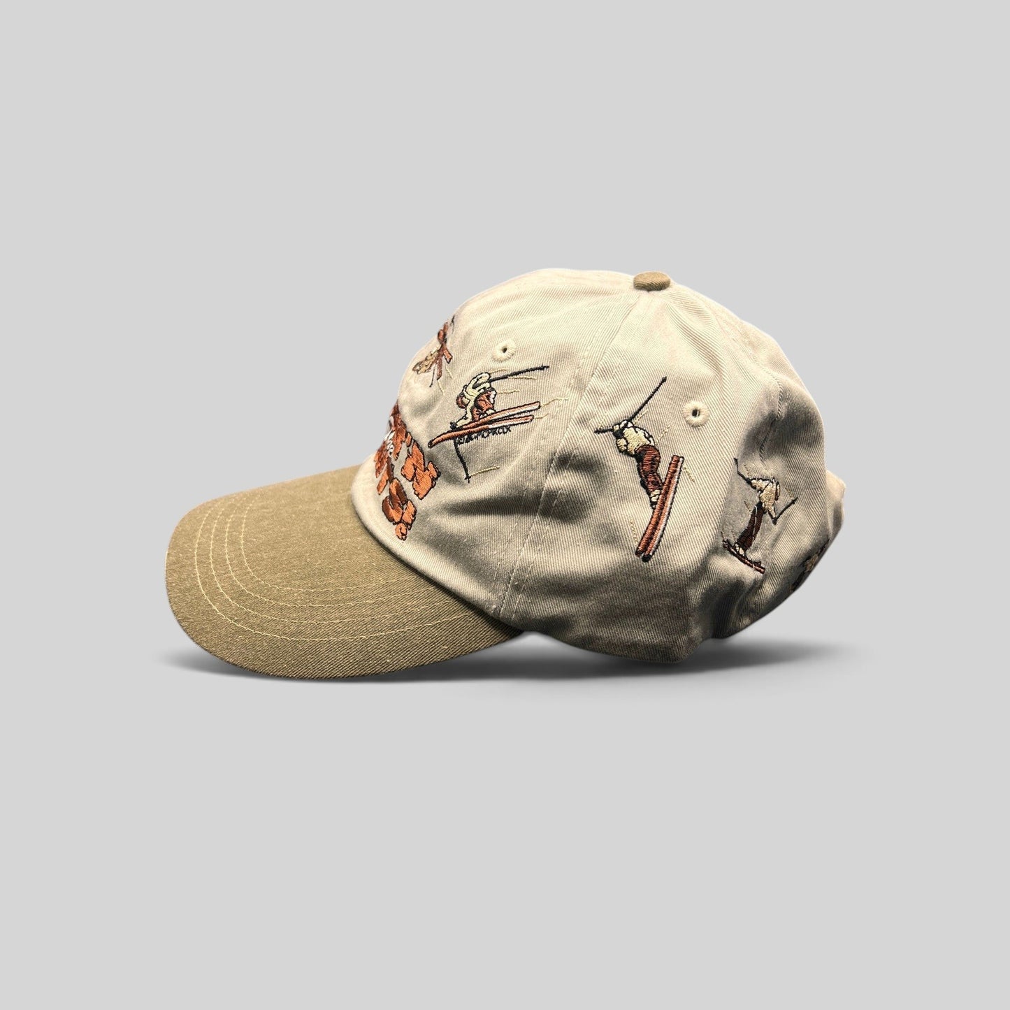 Raree Finds vintage 90s Attitude strapback hat with stone crown, olive brim, and wrap-around embroidered ski graphics.
