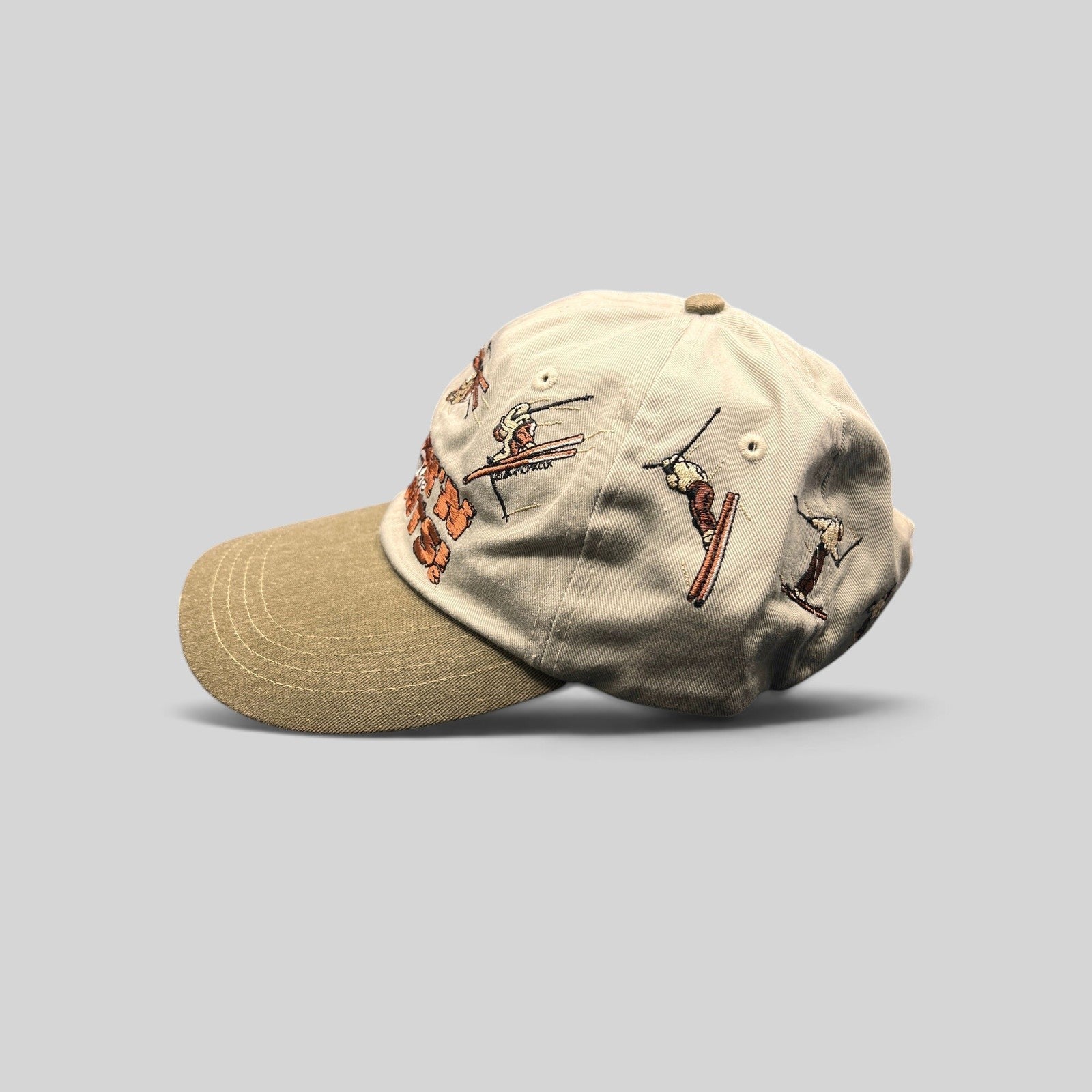 Raree Finds vintage 90s Attitude strapback hat with stone crown, olive brim, and wrap-around embroidered ski graphics.