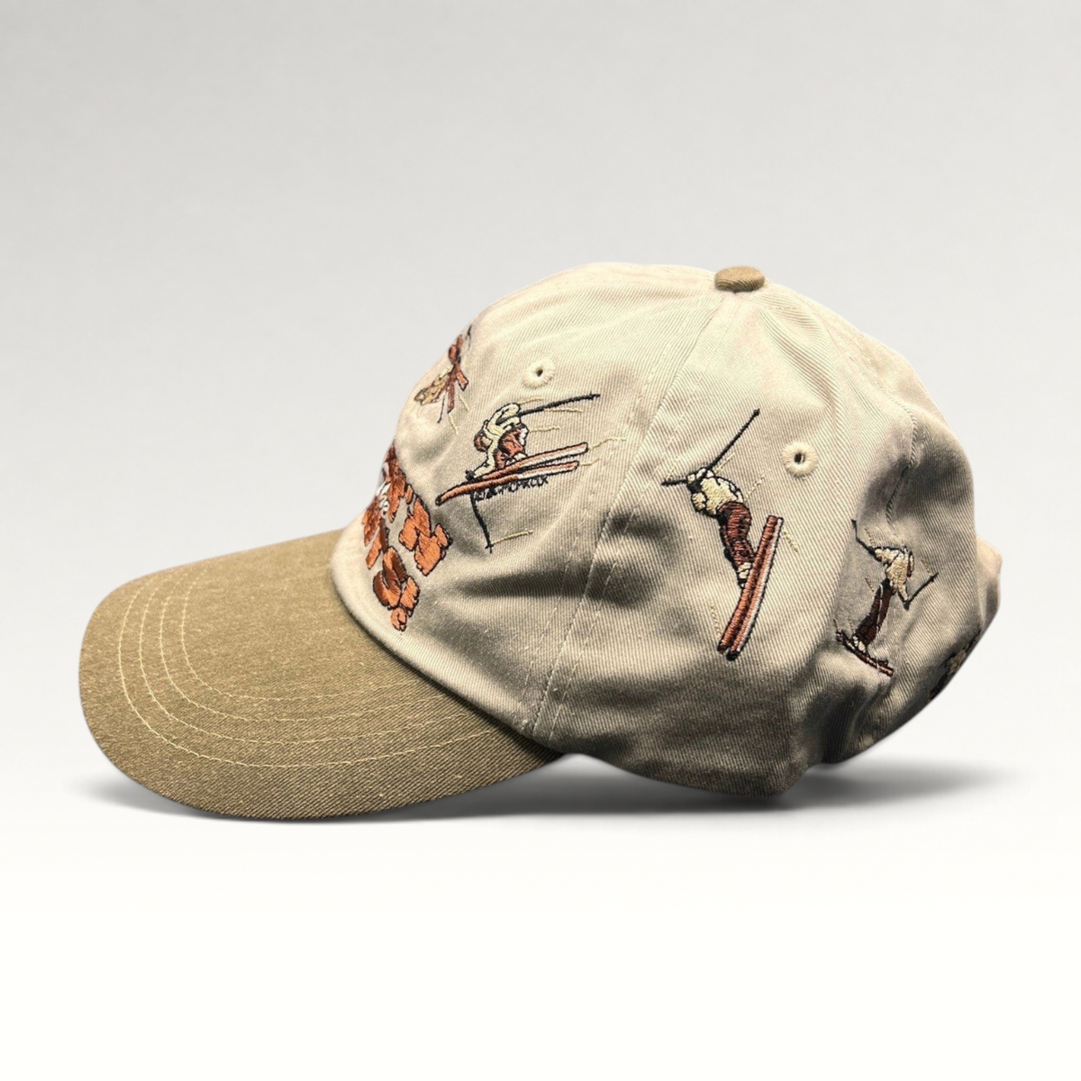 Raree Finds vintage 90s Attitude strapback hat with stone crown, olive brim, and wrap-around embroidered ski graphics.