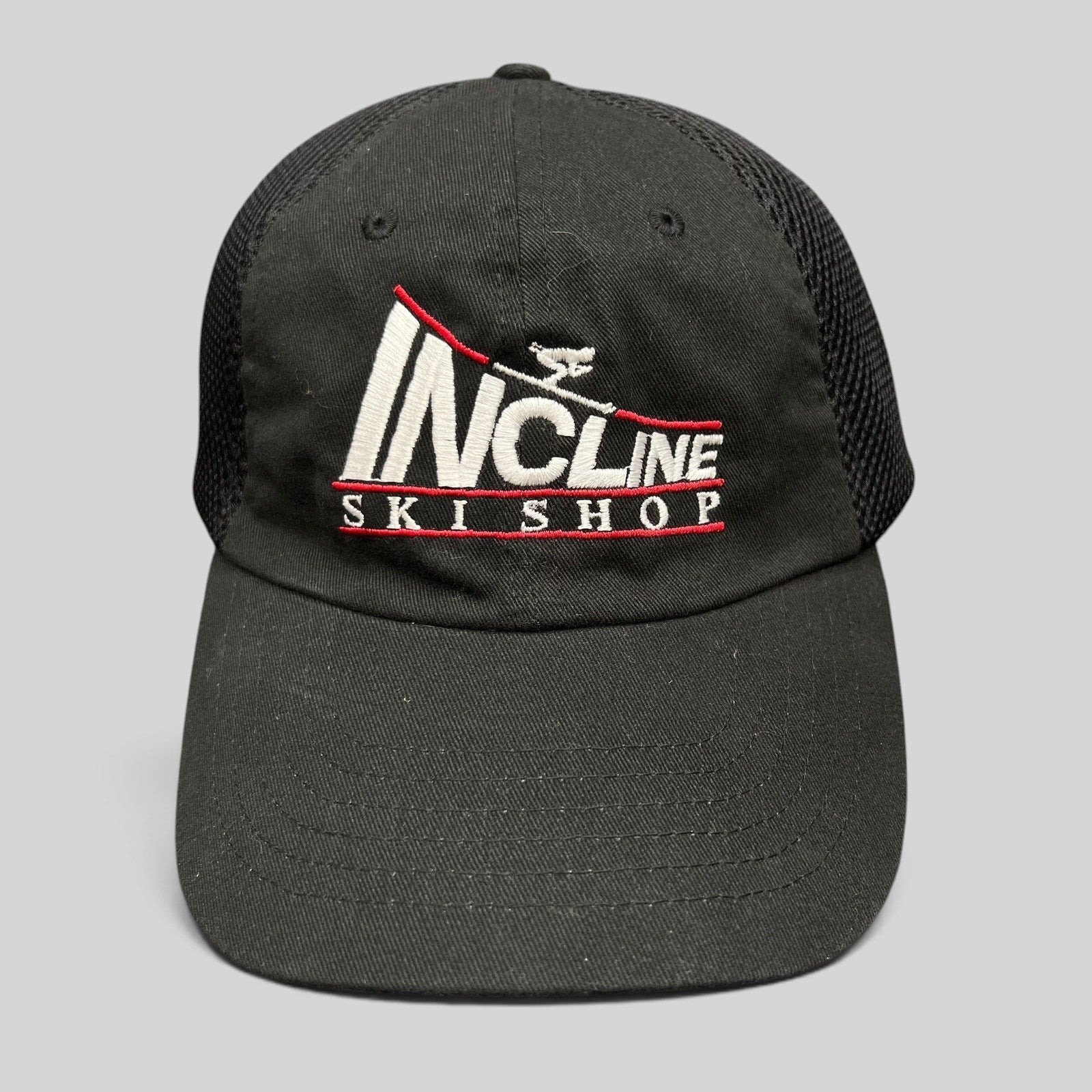 Raree Finds vintage black trucker hat with Incline Ski Shop embroidered logo and breathable mesh back