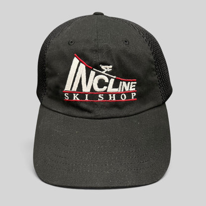 Raree Finds vintage black trucker hat with Incline Ski Shop embroidered logo and breathable mesh back