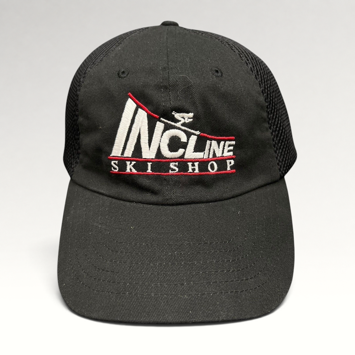 Raree Finds vintage black trucker hat with Incline Ski Shop embroidered logo and breathable mesh back